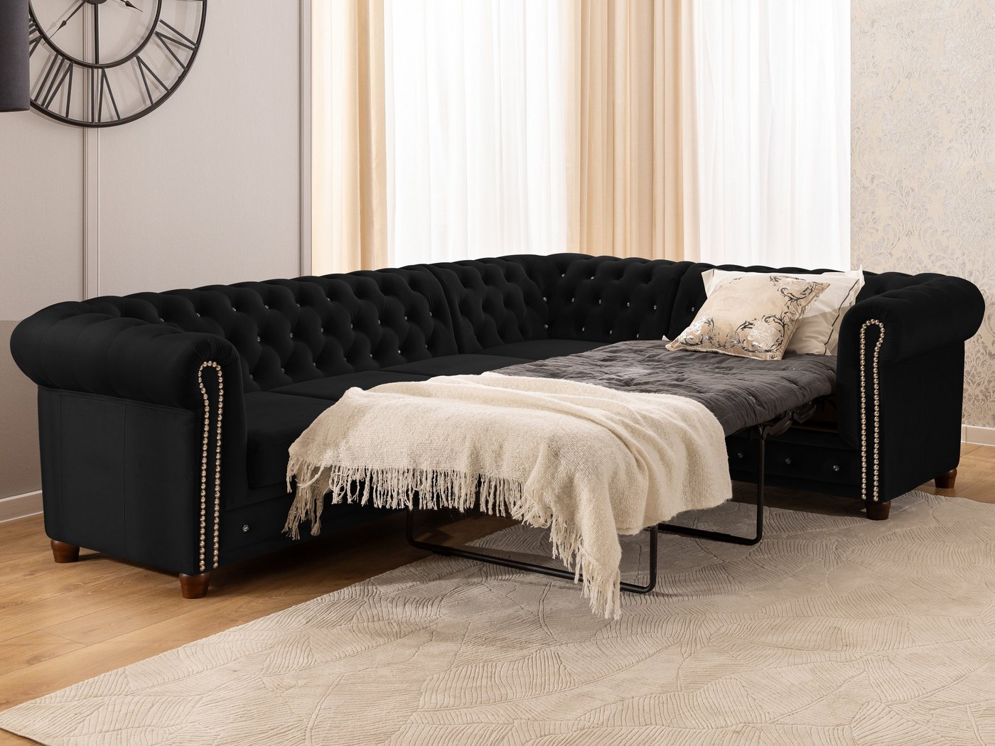 S-Style Möbel Ecksofa Chesterfield mit Schlaffunktion Cleo Blink Samt mit Kristallsteppung, mit Wellenfederung – Bild 2 von 5