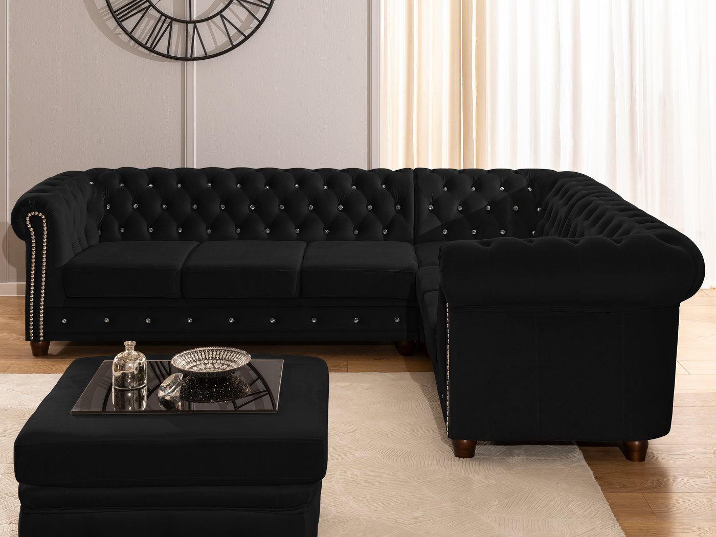 S-Style Möbel Ecksofa Chesterfield mit Schlaffunktion Cleo Blink Samt mit Kristallsteppung, mit Wellenfederung – Bild 3 von 5