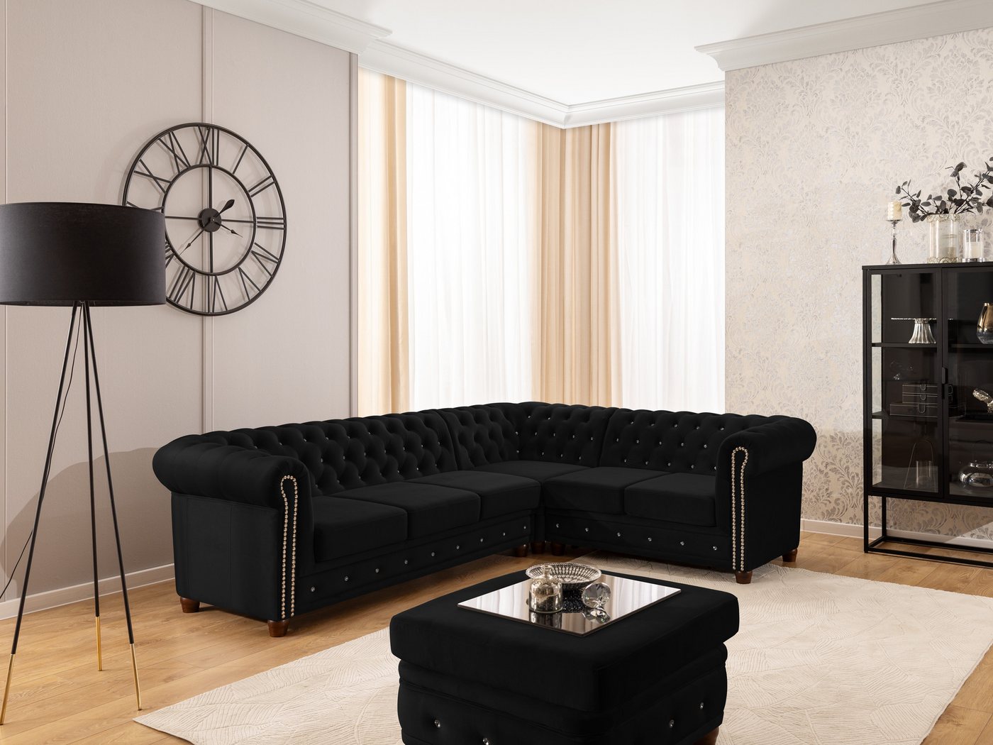 S-Style Möbel Ecksofa Chesterfield mit Schlaffunktion Cleo Blink Samt mit Kristallsteppung, mit Wellenfederung – Bild 4 von 5