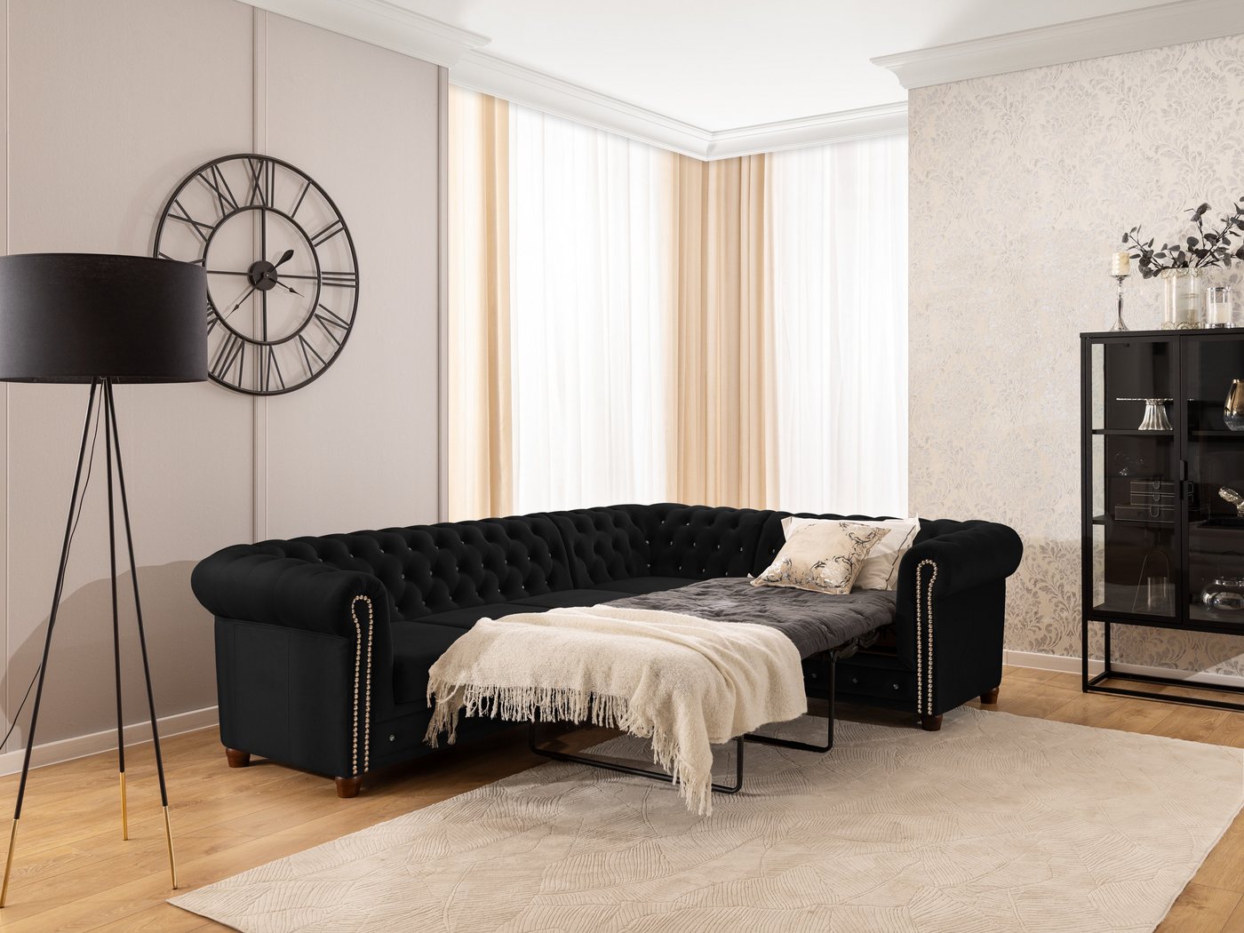 S-Style Möbel Ecksofa Chesterfield mit Schlaffunktion Cleo Blink Samt mit Kristallsteppung, mit Wellenfederung – Bild 5 von 5