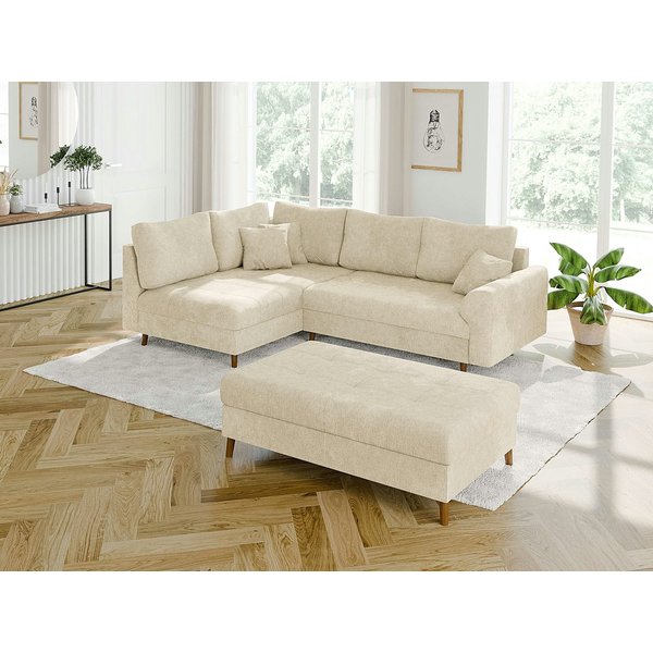S-Style Möbel Ecksofa mit Schlaffunktion und Hocker Kristian aus Chenille-Stoff, Ottomane links oder rechts bestellbar. Schlaffunktion in Kombination mit Hocker