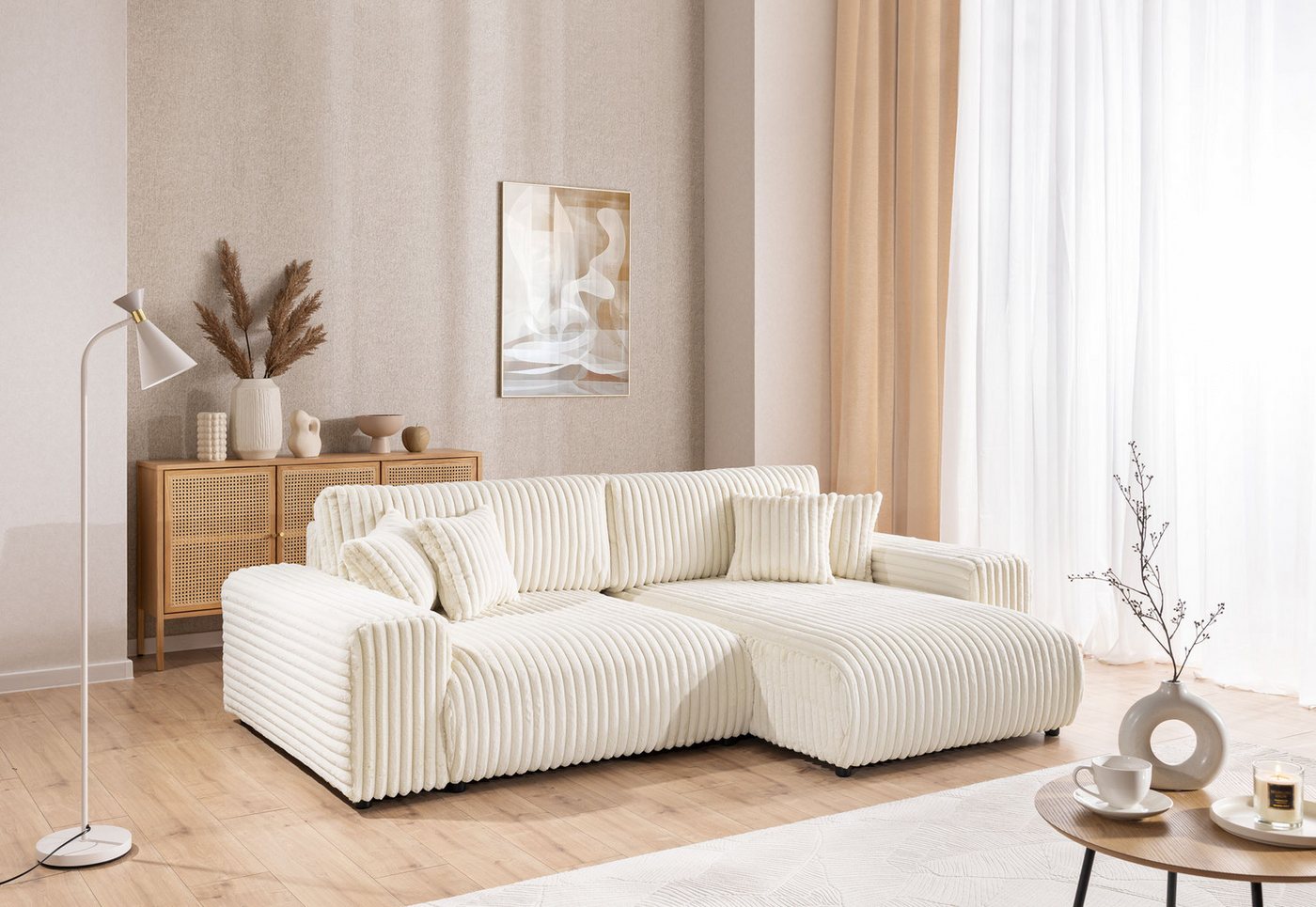 S-Style Möbel Ecksofa Mollis mit Schlaffunktion und Bettkasten aus Plüschcord, mit Wellenfederung – Bild 2 von 5