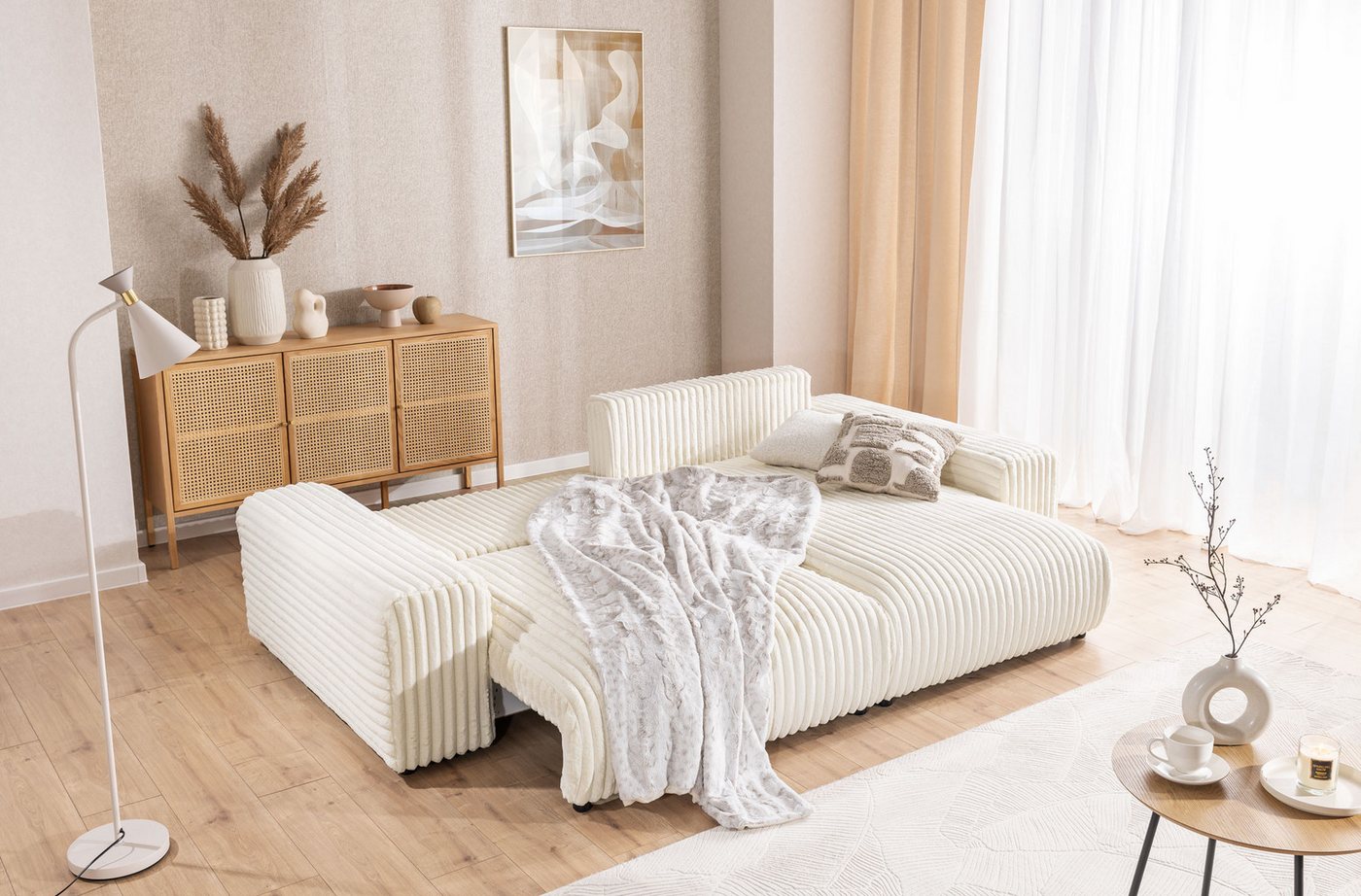 S-Style Möbel Ecksofa Mollis mit Schlaffunktion und Bettkasten aus Plüschcord, mit Wellenfederung – Bild 4 von 5