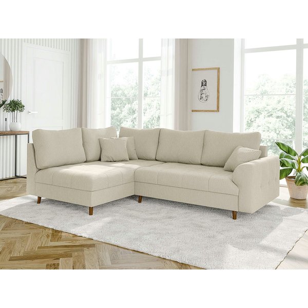 S-Style Möbel Ecksofa Zara mit Braun Holzfüßen im skandinavischen Stil aus Cord-Stoff, Ottomane links oder rechts bestellbar, mit Wellenfederung