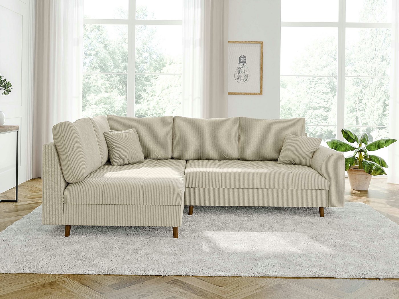 S-Style Möbel Ecksofa Zara mit Braun Holzfüßen im skandinavischen Stil aus Cord-Stoff, Ottomane links oder rechts bestellbar, mit Wellenfederung – Bild 3 von 5