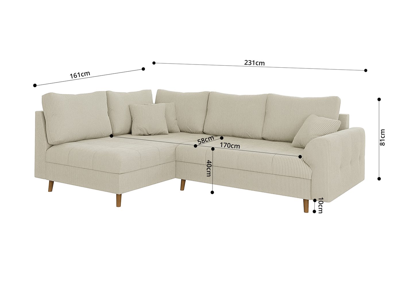 S-Style Möbel Ecksofa Zara mit Braun Holzfüßen im skandinavischen Stil aus Cord-Stoff, Ottomane links oder rechts bestellbar, mit Wellenfederung – Bild 4 von 5