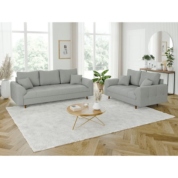 S-Style Möbel Polstergarnitur 3+2 Zara mit Braun Holzfüßen im skandinavischen Stil aus Cord-Stoff, (1x 2-Sitzer-Sofa, 1x 3-Sitzer-Sofa), mit Wellenfederung