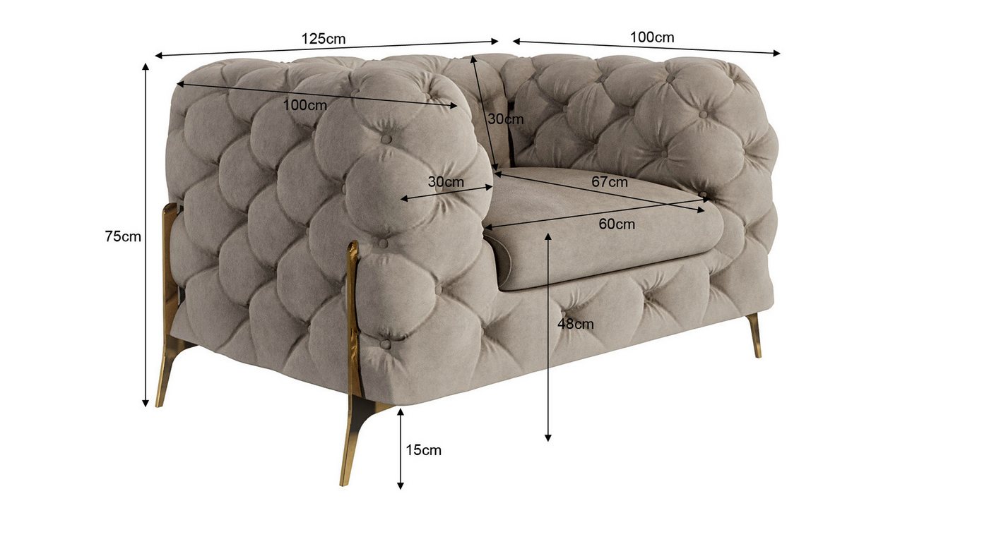 S-Style Möbel Polstergarnitur Ashley 3+2+1, Chesterfield mit Goldenen Metall Füßen, (1x 3-Sitzer-Sofa, 1x 2-Sitzer-Sofa, 1x Sessel), mit Wellenfederung – Bild 3 von 5