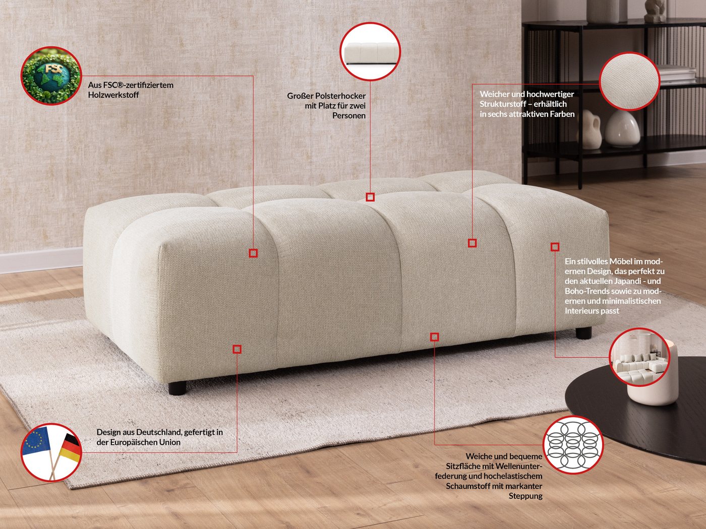 S-Style Möbel Polsterhocker Bubble mit Sitzfläche in Bubble-Optik aus weichem Strukturstoff (1 x Hocker), mit Wellenfederung – Bild 4 von 5