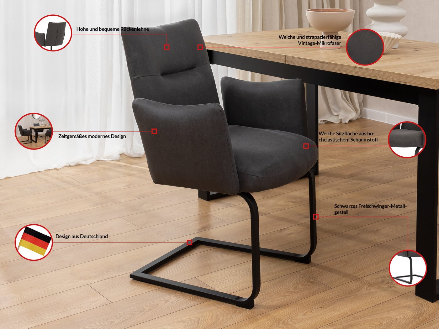 S-Style Möbel Polsterstuhl 2er Set Hera Mikrofaser Anthrazit mit Freischwinger-Gestell aus Metall – Bild 5 von 5