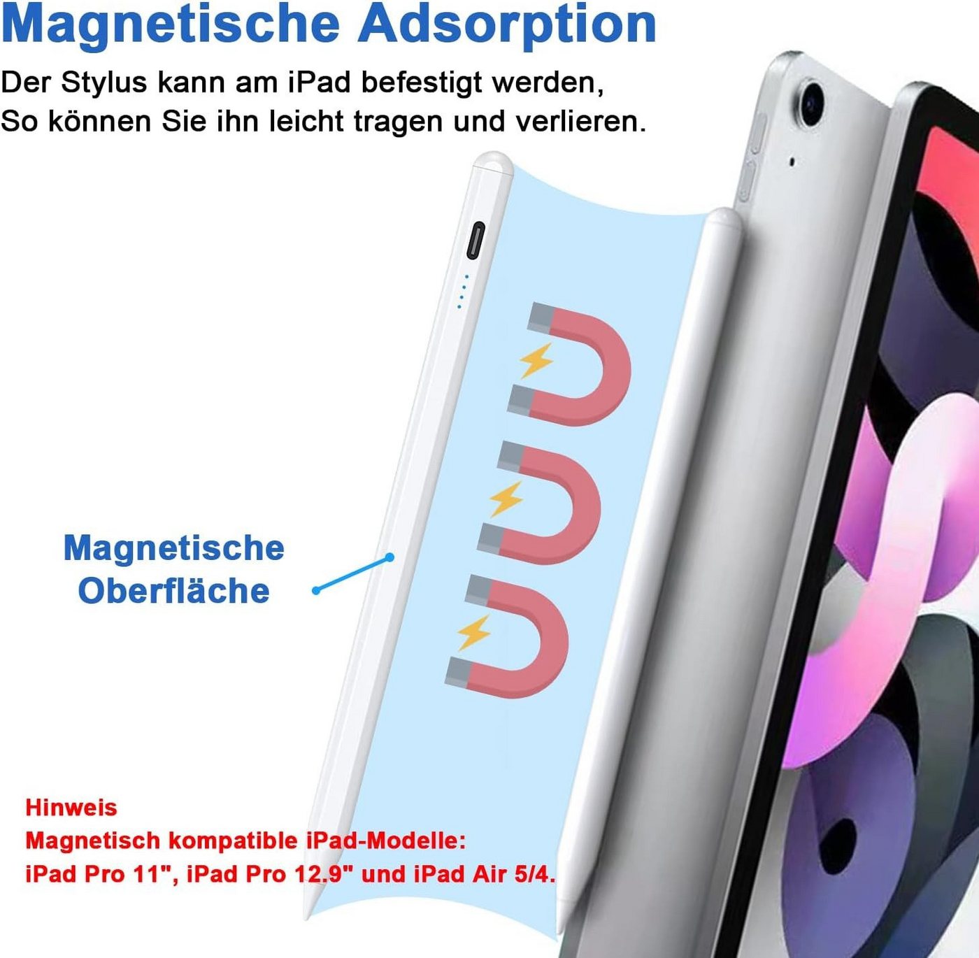 S&T Design Eingabestift Stift für iPad USB-C (2018-2024) Schnellladen für Apple iPads (2018-2024), mit Ersatzspitze) Tabletstift Stylus Pencil 2. Generation Pen – Bild 5 von 5