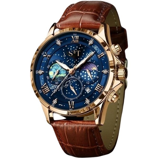 S&T Design Quarzuhr Herrenuhr Leder Braun Chronograph Armbanduhr Lederarmband Mansa Lux, (Anzug Hochzeit Büro, inkl. Uhrenbox & Bedienungsanleitung QR), Herren 