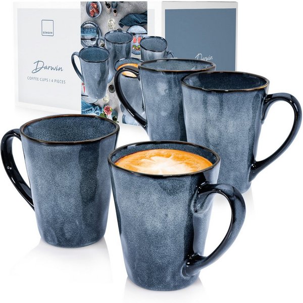 SÄNGER Becher Darwin Kaffeebecher Set, 4-tlg., Steingut, Handmade, 500 ml, ⌀10x12cm, Blau, Premium Collection