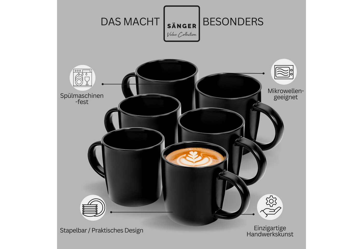 SÄNGER Becher Madeira Schwarz Matt, 6-tlg., Steingut, 6 tlg. Kaffeebecher Set, Handmade, VALUE COLLECTION – Bild 4 von 5