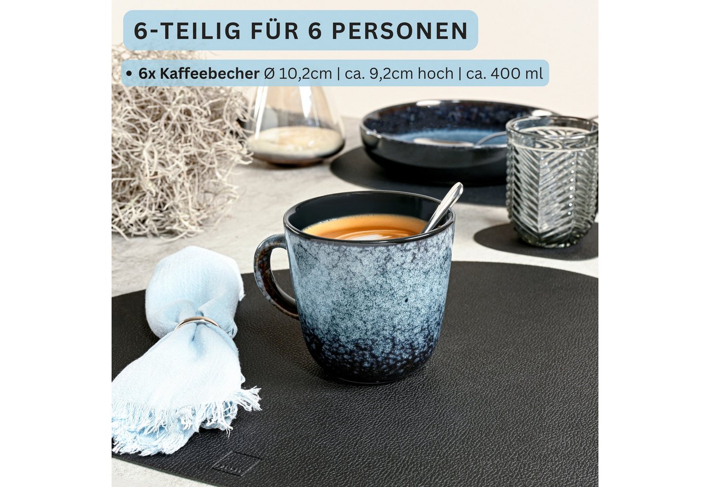 SÄNGER Becher Osaka Blau mit schwarzem Rand, Steingut, 6-tlg. Kaffeebecher Set, Erweiterbar, (400 ml), VALUE COLLECTION – Bild 2 von 5