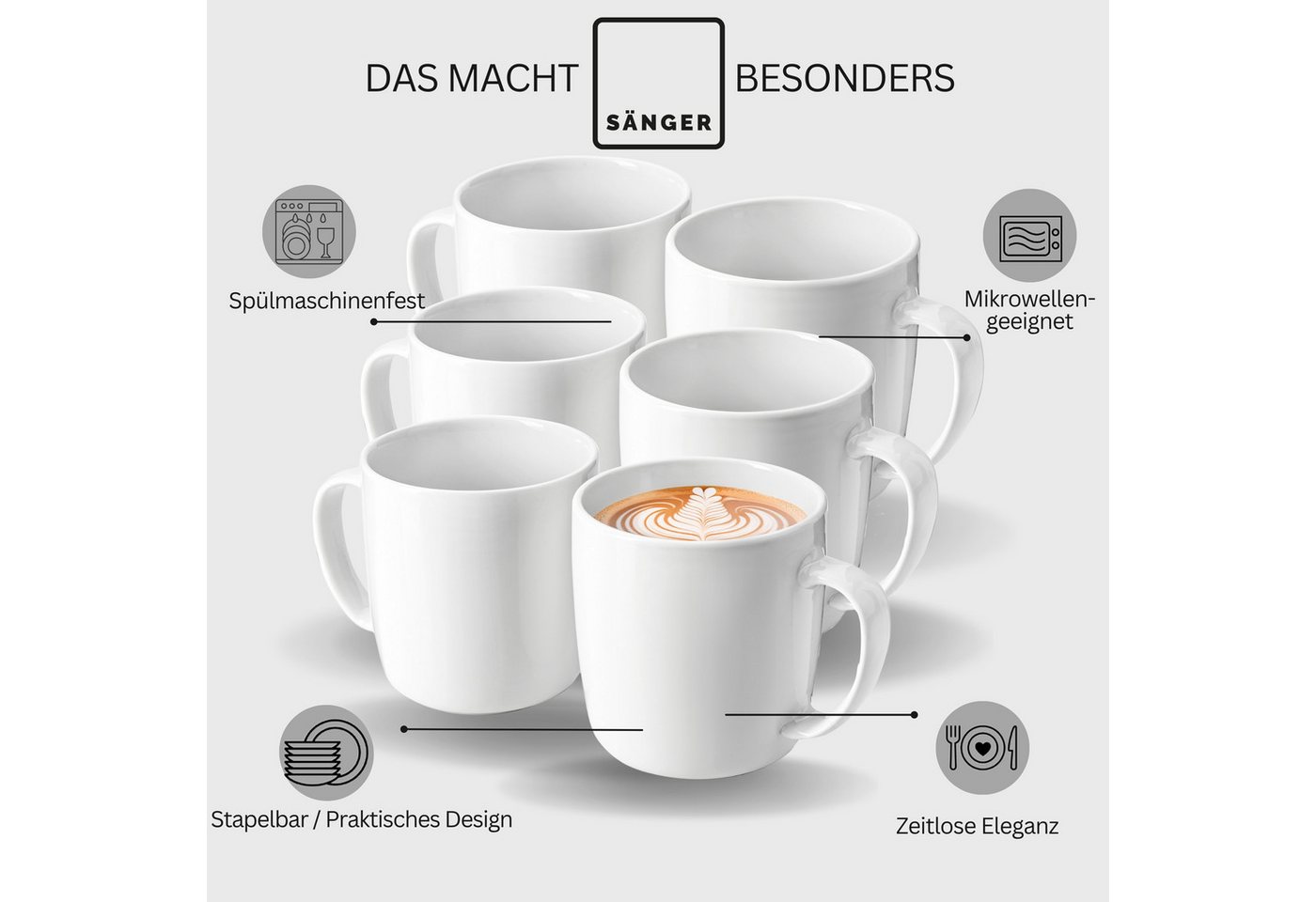 SÄNGER Becher Set Marlo, 6-tlg., Porzellan, Weiß, 6 tlg. Kaffeebecher Set, Porzellan, PREMIUM COLLECTION – Bild 4 von 5