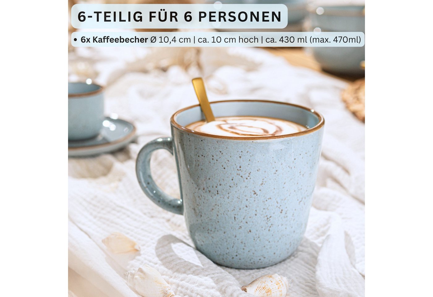 SÄNGER Becher Set Rio, 6-tlg., Steingut, 6 tlg. Rio Lagune Kaffeebecher, Blau, Handmade, VALUE COLLECTION – Bild 2 von 5
