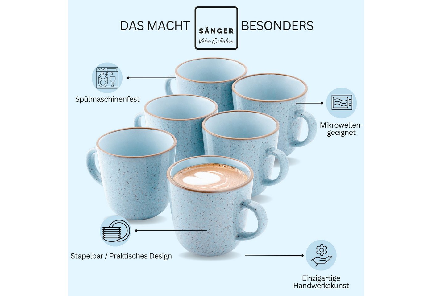 SÄNGER Becher Set Rio, 6-tlg., Steingut, 6 tlg. Rio Lagune Kaffeebecher, Blau, Handmade, VALUE COLLECTION – Bild 4 von 5