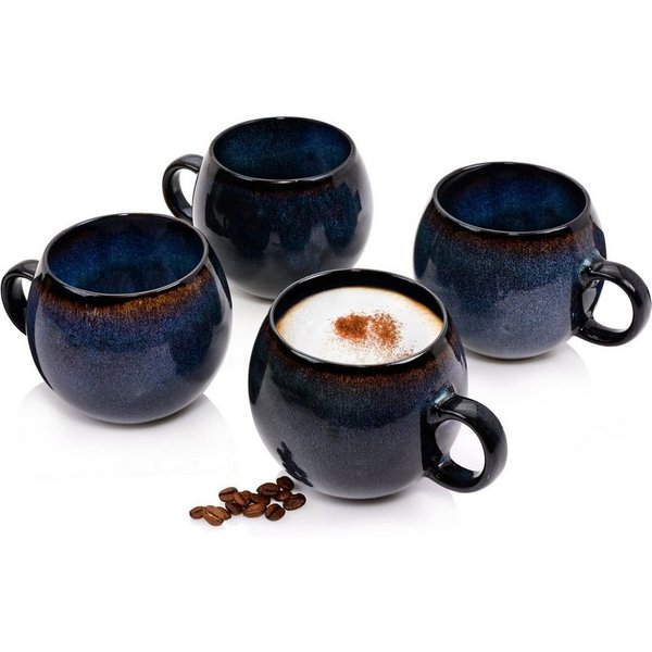 SÄNGER Cappuccinotasse Tokio Cappuccinobecher, 4-tlg., Steingut, Blau Schwarz, Handmade, Premium Collection