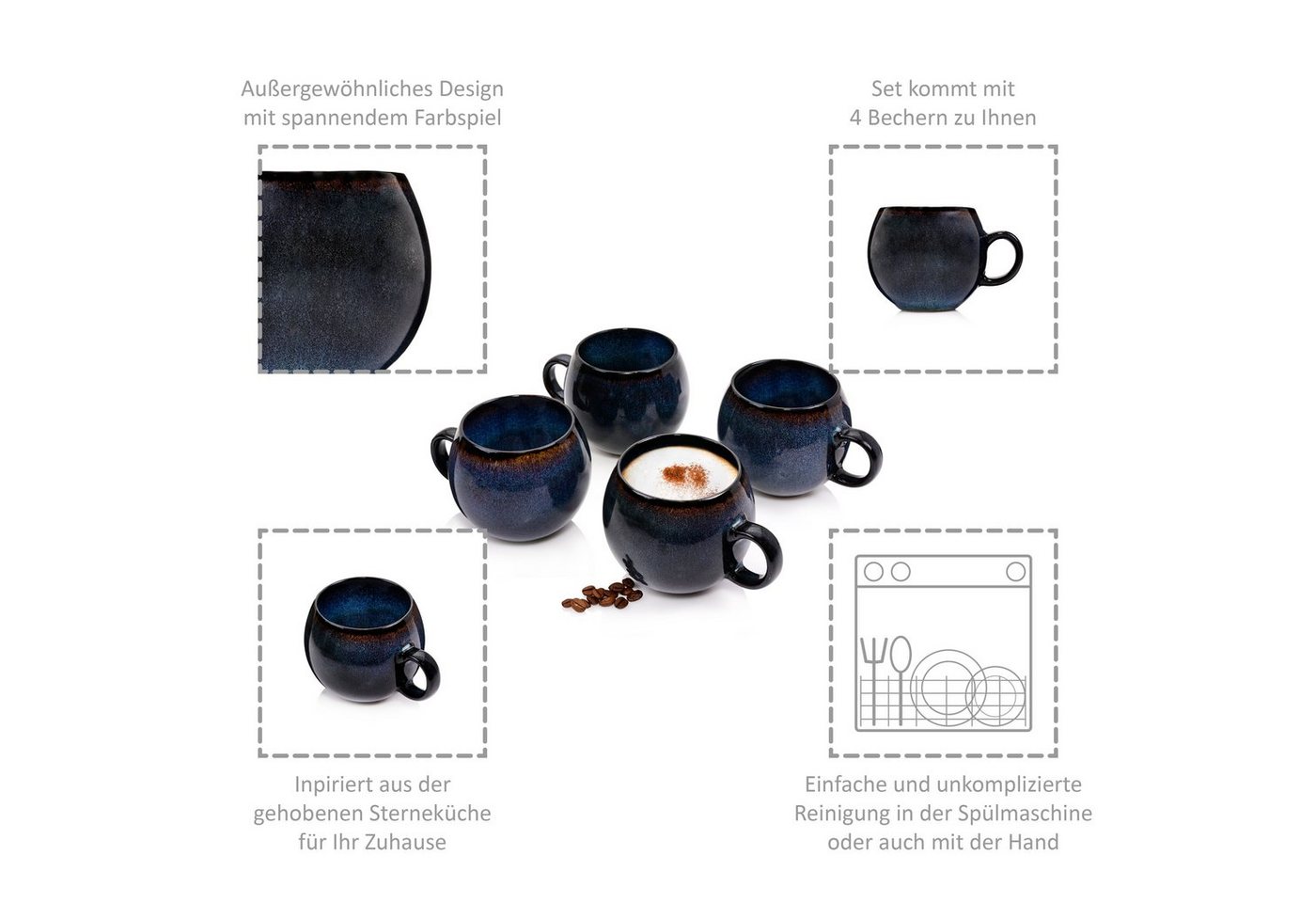 SÄNGER Cappuccinotasse Tokio Cappuccinobecher, 4-tlg., Steingut, Blau Schwarz, Handmade, Premium Collection – Bild 2 von 4