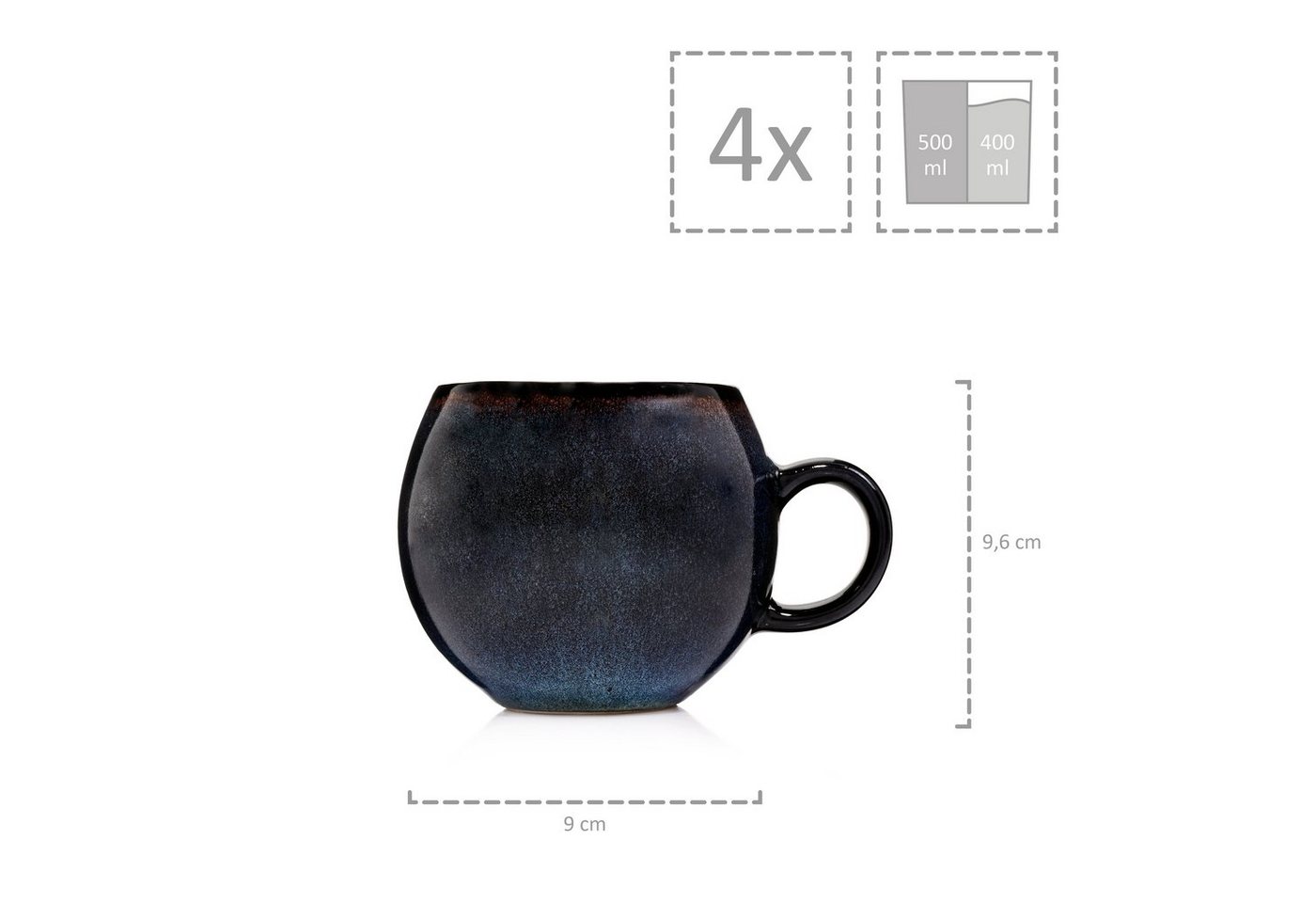 SÄNGER Cappuccinotasse Tokio Cappuccinobecher, 4-tlg., Steingut, Blau Schwarz, Handmade, Premium Collection – Bild 3 von 4