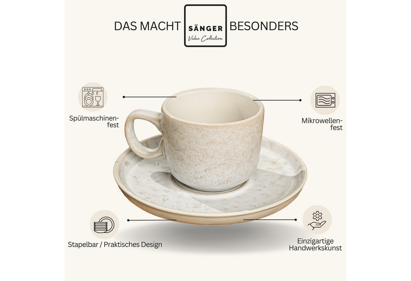 SÄNGER Espressotasse Set Key West, 12-tlg., Steingut, Creme mit Maserung, 12 tlg. Kaffeetassen Set, VALUE COLLECTION – Bild 4 von 5