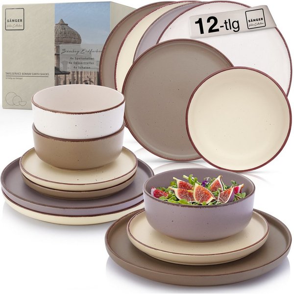 SÄNGER Geschirr-Set Bombay (12-tlg), 4 Personen, Steingut, Bombay Erdfarben, Handmade, Erweiterbar, VALUE COLLECTION
