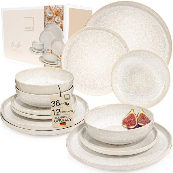 SÄNGER Geschirr-Set Korfu Geschirrset (12, 16, 24, 36 Teile) (36-tlg), 12 Personen, Steingut, Creme Beige, Handmade, Premium Collection