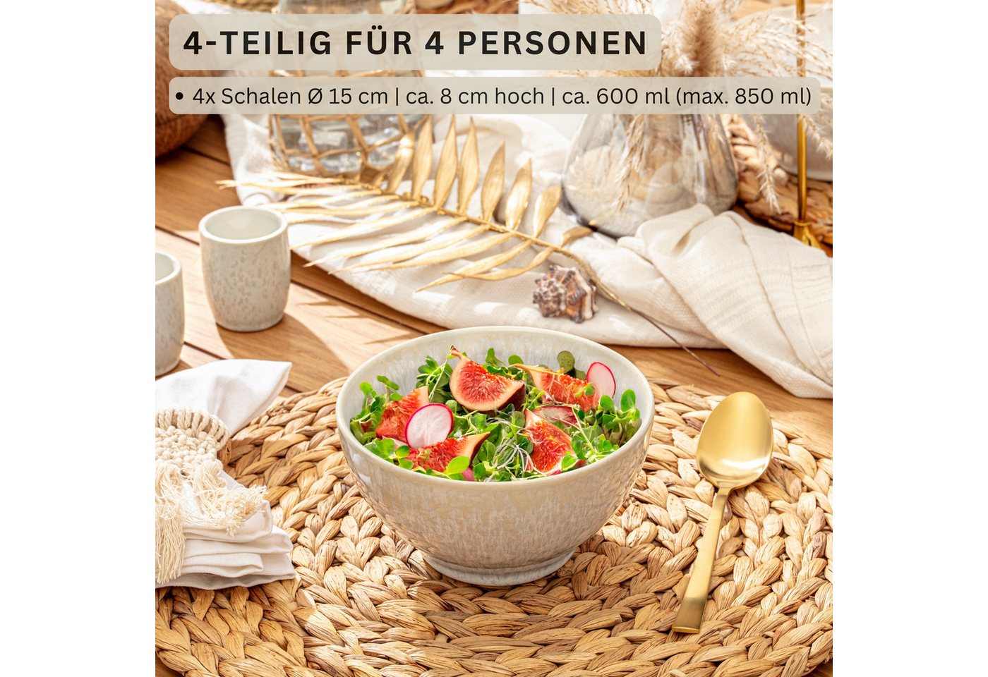 SÄNGER Geschirr-Set Korfu Geschirrset (12, 16, 24, 36 Teile) (4-tlg), 4 Personen, Steingut, Müslischalen, Creme Beige, Handmade, Premium Collection – Bild 2 von 5