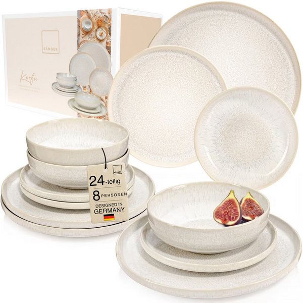 SÄNGER Geschirr-Set Korfu Geschirrset (12, 16, 24, 36 Teile) (24-tlg), 8 Personen, Steingut, Creme Beige, Handmade, Premium Collection