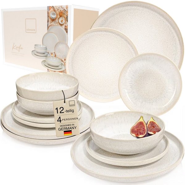 SÄNGER Geschirr-Set Korfu Geschirrset (12, 16, 24, 36 Teile) (12-tlg), 4 Personen, Steingut, Creme Beige, Handmade Premium Collection