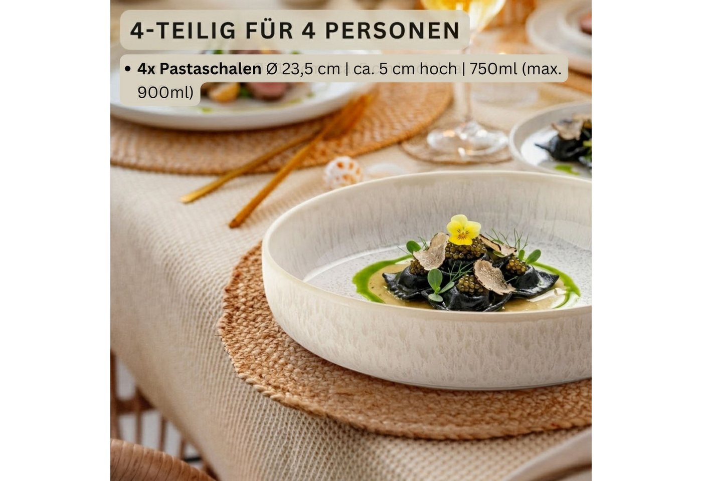 SÄNGER Geschirr-Set Korfu Geschirrset (12, 16, 24, 36 Teile) (4-tlg), 4 Personen, Steingut, Pastaschalen, Creme Beige, Handmade, Premium Collection – Bild 2 von 5