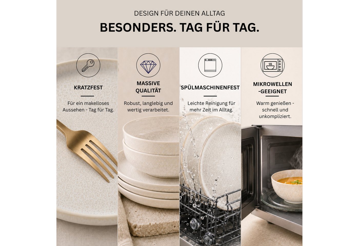 SÄNGER Geschirr-Set Korfu Geschirrset (12, 16, 24, 36 Teile) (4-tlg), 4 Personen, Steingut, Pastaschalen, Creme Beige, Handmade, Premium Collection – Bild 3 von 5
