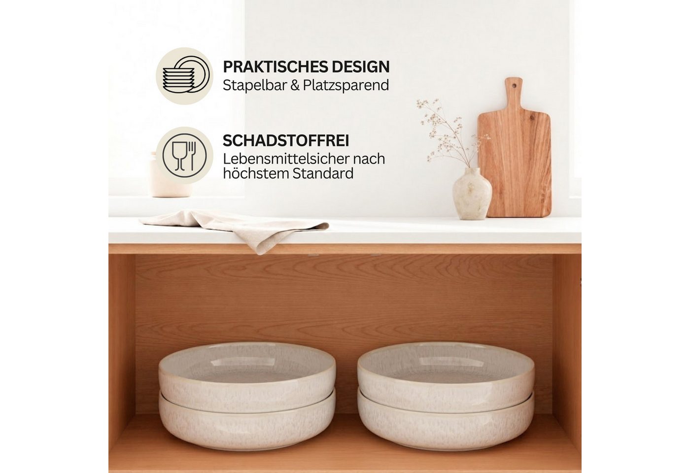 SÄNGER Geschirr-Set Korfu Geschirrset (12, 16, 24, 36 Teile) (4-tlg), 4 Personen, Steingut, Pastaschalen, Creme Beige, Handmade, Premium Collection – Bild 4 von 5