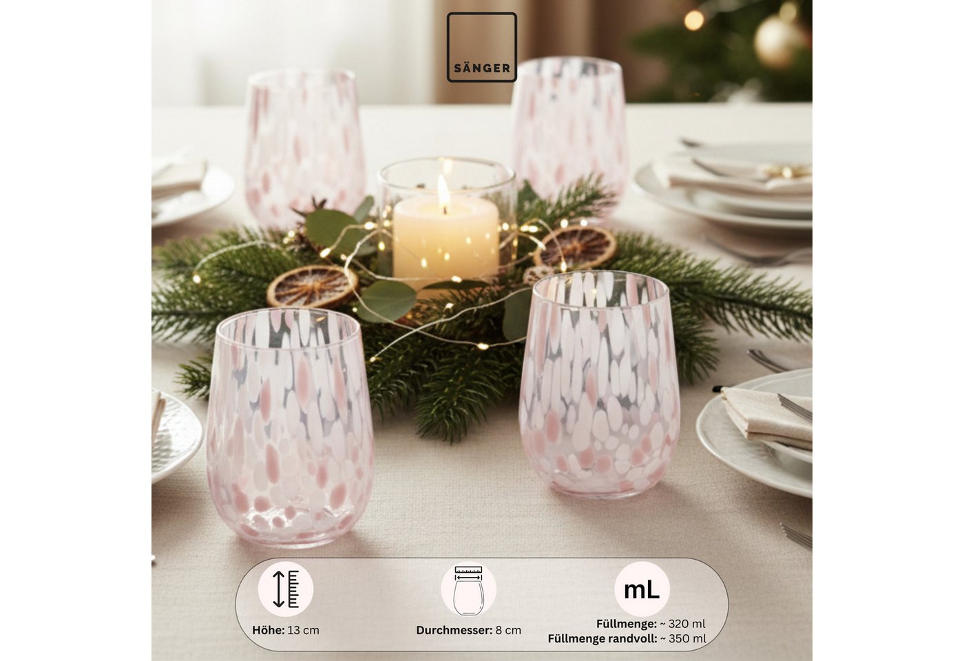 SÄNGER Gläser-Set Curacao, 4-tlg., Glas, 4x Trinkgläser Curacao mit Punkten, Füllmenge 320ml, Weiß Rosa – Bild 2 von 5