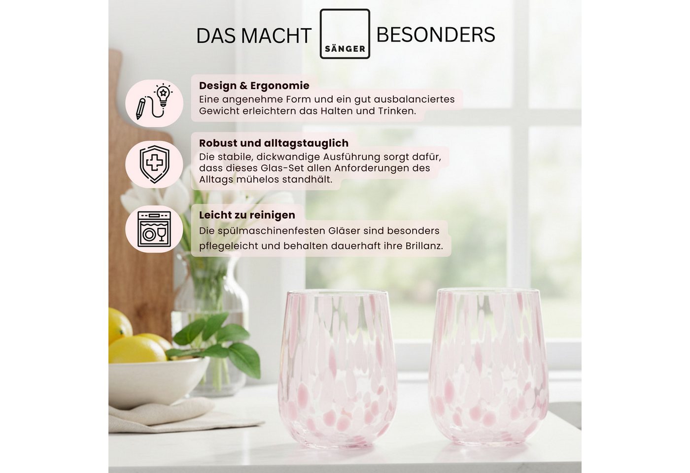 SÄNGER Gläser-Set Curacao, 4-tlg., Glas, 4x Trinkgläser Curacao mit Punkten, Füllmenge 320ml, Weiß Rosa – Bild 3 von 5