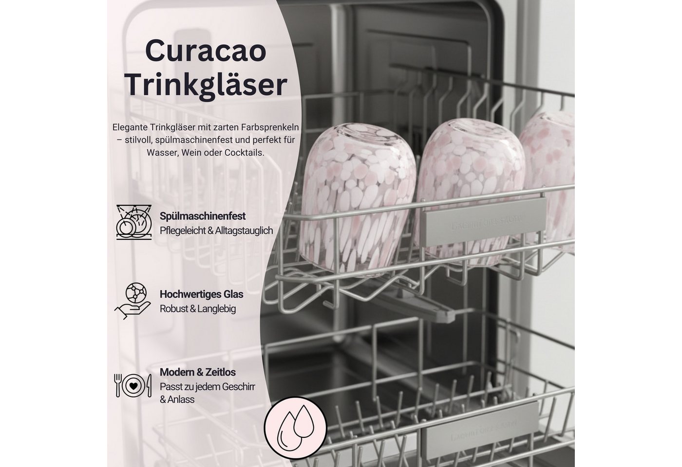 SÄNGER Gläser-Set Curacao, 4-tlg., Glas, 4x Trinkgläser Curacao mit Punkten, Füllmenge 320ml, Weiß Rosa – Bild 4 von 5
