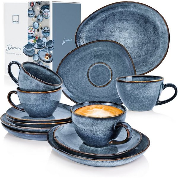 SÄNGER Kaffeeservice Darwin Kaffeetassen Set (12-tlg), 4 Personen, Steingut, Handmade, 300 ml, Blau, Premium Collection