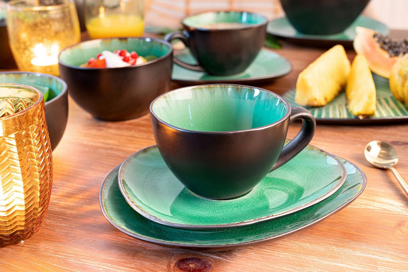 SÄNGER Kaffeeservice Palm Beach (12-tlg), 4 Personen, Steingut, Kaffeetassen Set, Grün Schwarz, Handmade, Premium Collection – Bild 3 von 5