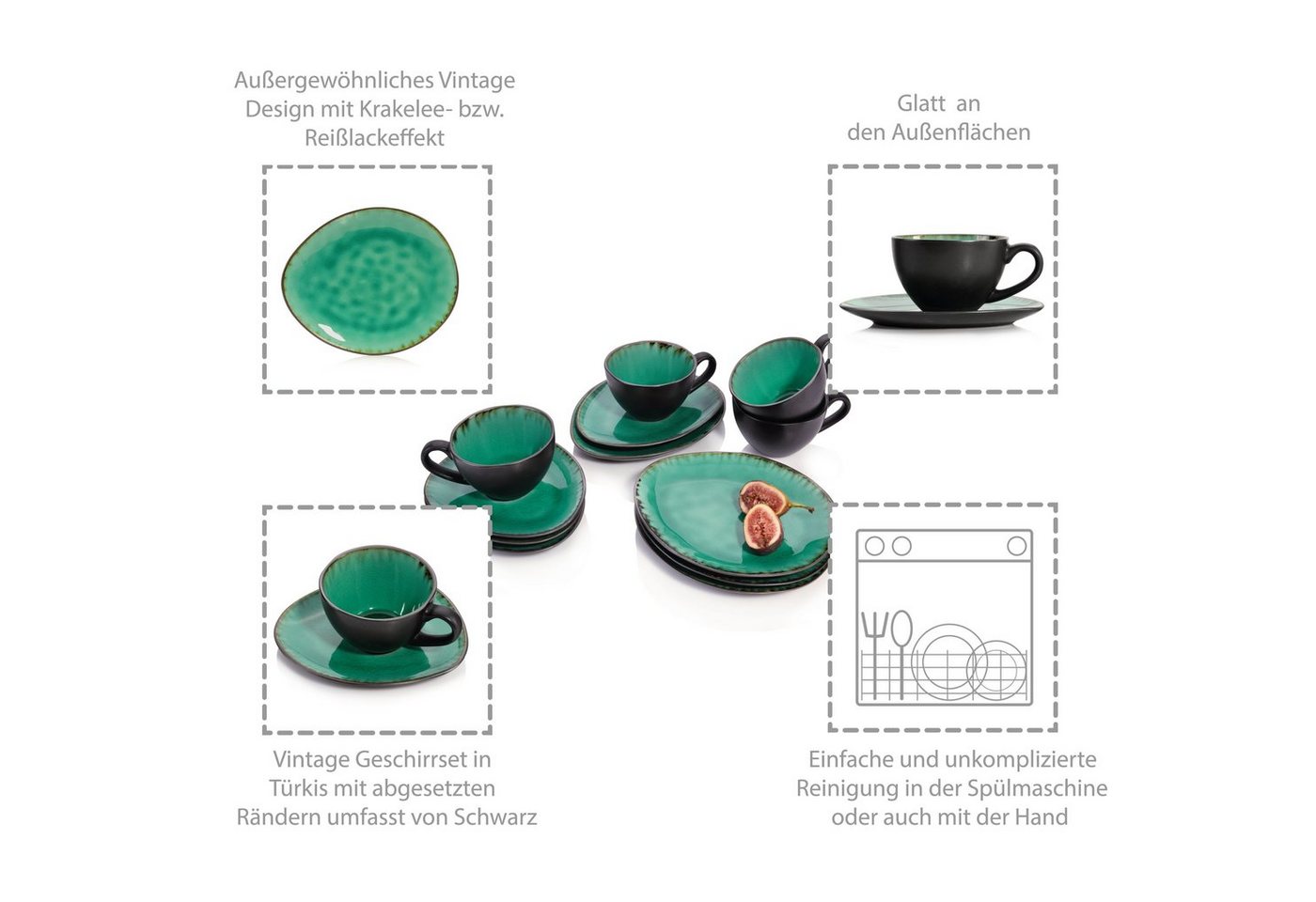 SÄNGER Kaffeeservice Palm Beach (12-tlg), 4 Personen, Steingut, Kaffeetassen Set, Grün Schwarz, Handmade, Premium Collection – Bild 4 von 5