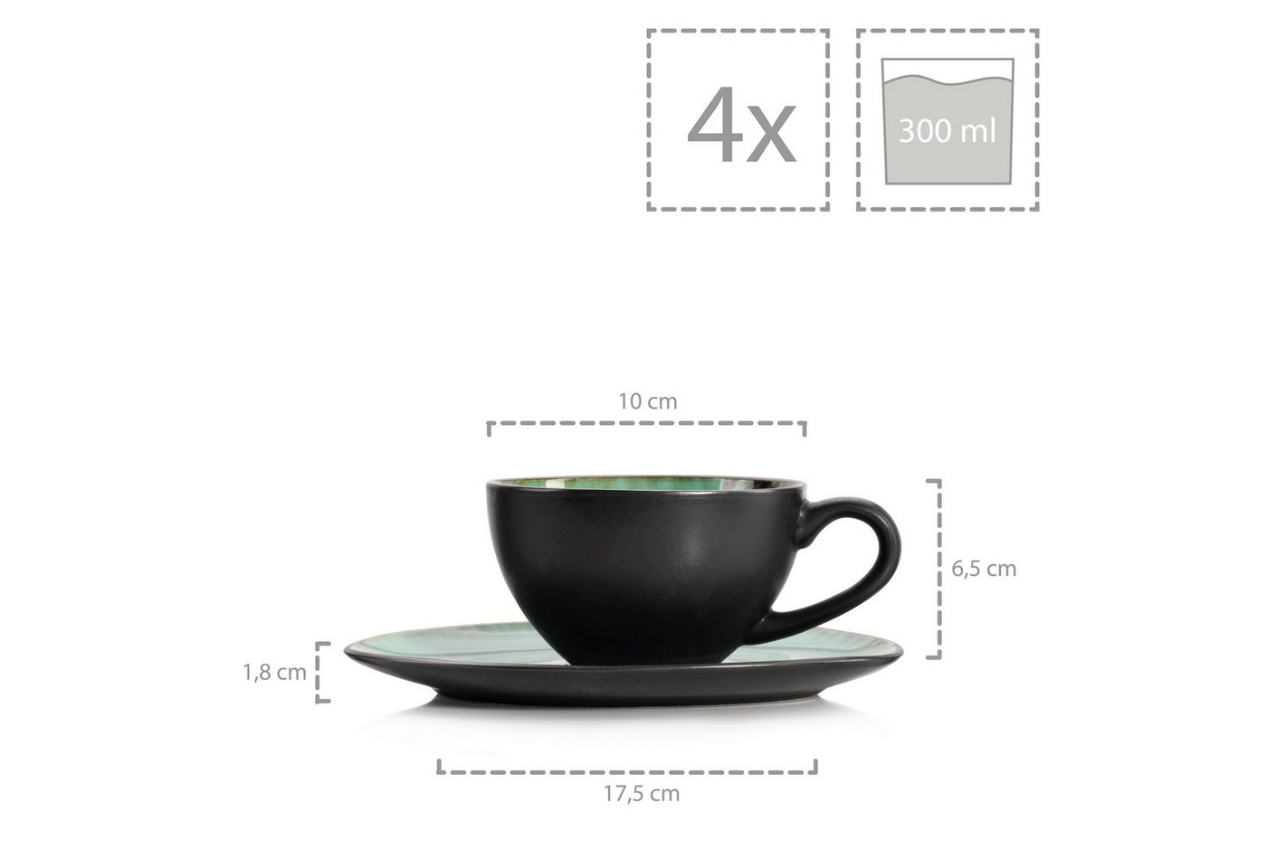 SÄNGER Kaffeeservice Palm Beach (12-tlg), 4 Personen, Steingut, Kaffeetassen Set, Grün Schwarz, Handmade, Premium Collection – Bild 5 von 5