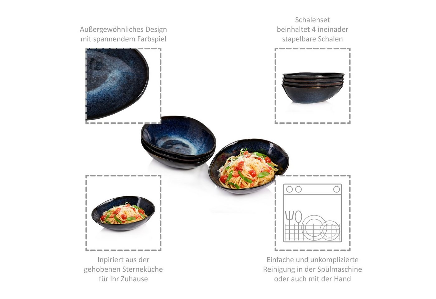 SÄNGER Pastateller Tokio Pastaschalen Set, (4 St), Blau Schwarz, Handmade, Premium Collection – Bild 3 von 5