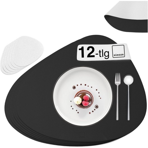 SÄNGER Platzset aus Kunstleder, (Set, 12-St., aus Platzdeckchen und Untersetzern, organische Form), Schwarz + Weiß, 44x37cm, wendbare, abwischbare Tischsets