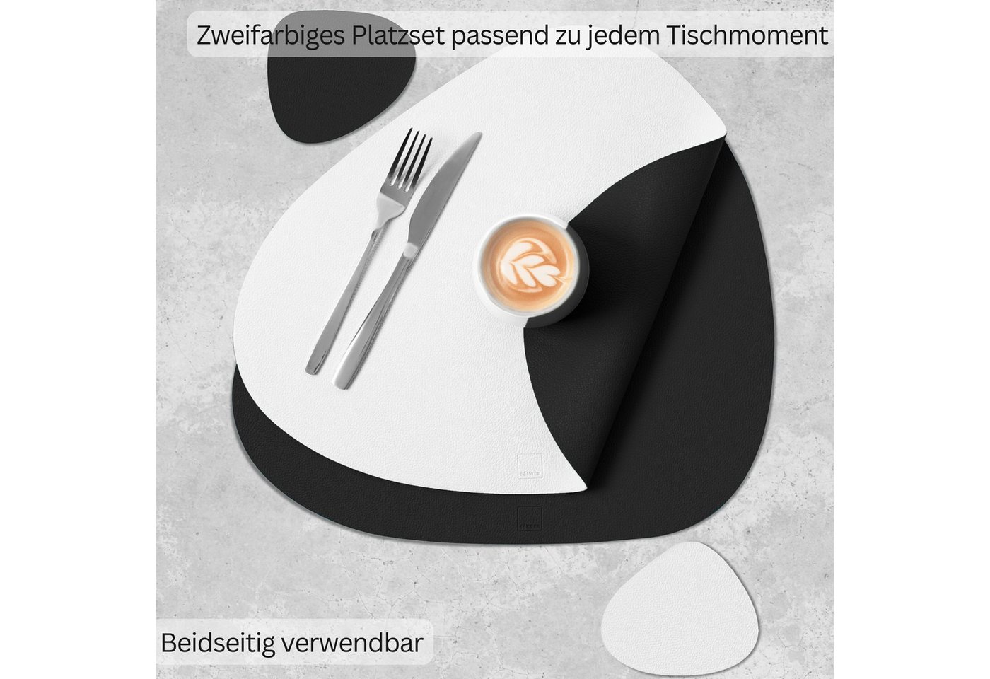 SÄNGER Platzset aus Kunstleder, (Set, 12-St., aus Platzdeckchen und Untersetzern, organische Form), Schwarz + Weiß, 44x37cm, wendbare, abwischbare Tischsets – Bild 2 von 5
