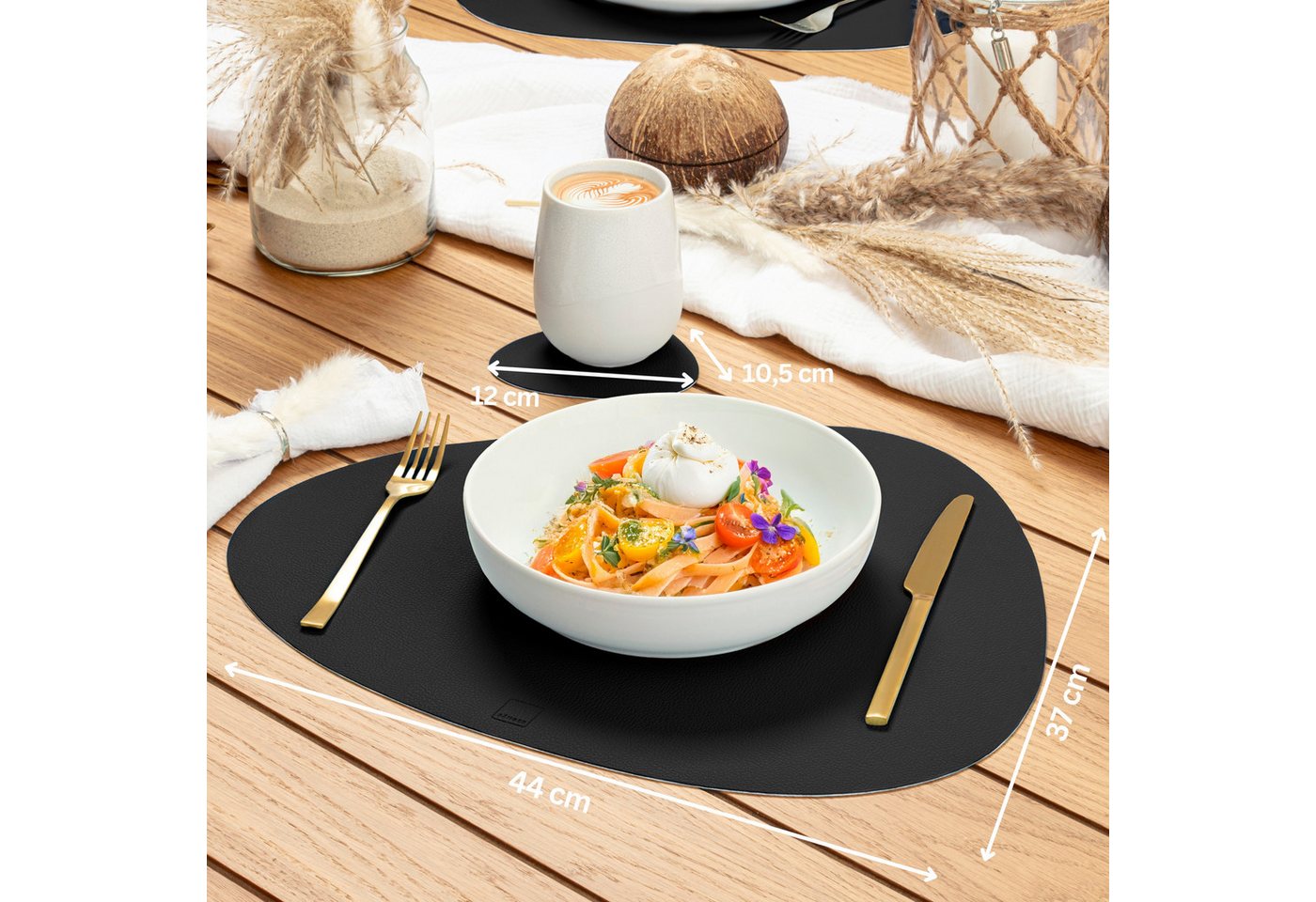 SÄNGER Platzset aus Kunstleder, (Set, 12-St., aus Platzdeckchen und Untersetzern, organische Form), Schwarz + Weiß, 44x37cm, wendbare, abwischbare Tischsets – Bild 3 von 5