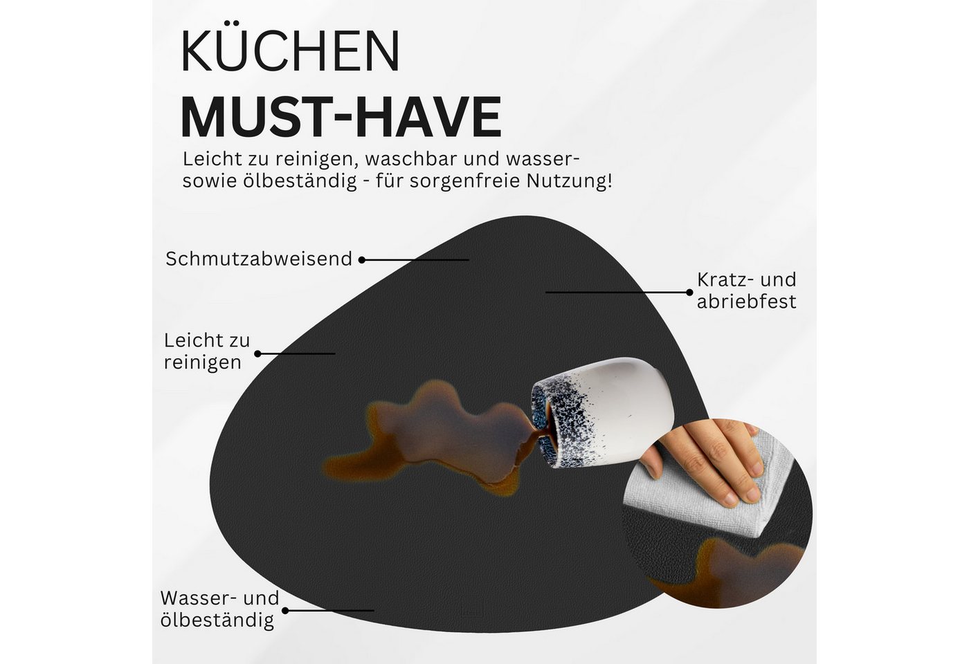 SÄNGER Platzset aus Kunstleder, (Set, 12-St., aus Platzdeckchen und Untersetzern, organische Form), Schwarz + Weiß, 44x37cm, wendbare, abwischbare Tischsets – Bild 5 von 5