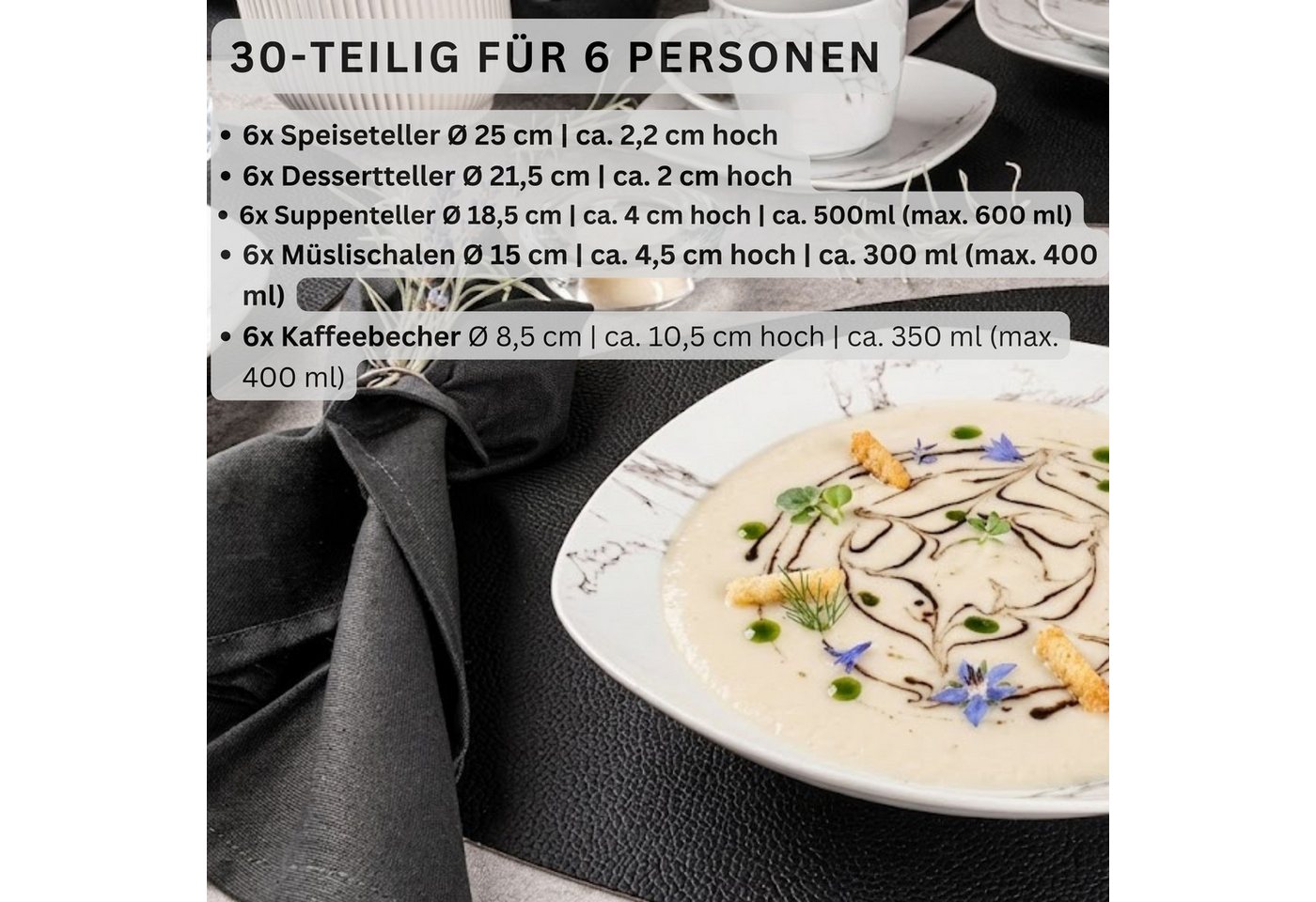 SÄNGER Tafelservice Bilgola Marmor, Weiß (30-tlg), 6 Personen, Porzellan, weiß, VALUE COLLECTION – Bild 2 von 5