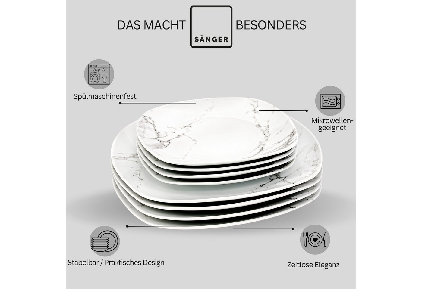 SÄNGER Tafelservice Bilgola Marmor, Weiß (18-tlg), 6 Personen, Porzellan, weiß, VALUE COLLECTION – Bild 4 von 5