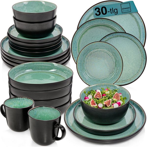 SÄNGER Tafelservice Fiji Geschirrset, Grün Schwarz (30-tlg), 6 Personen, Steingut, Handmade, Erweiterbar, VALUE COLLECTION