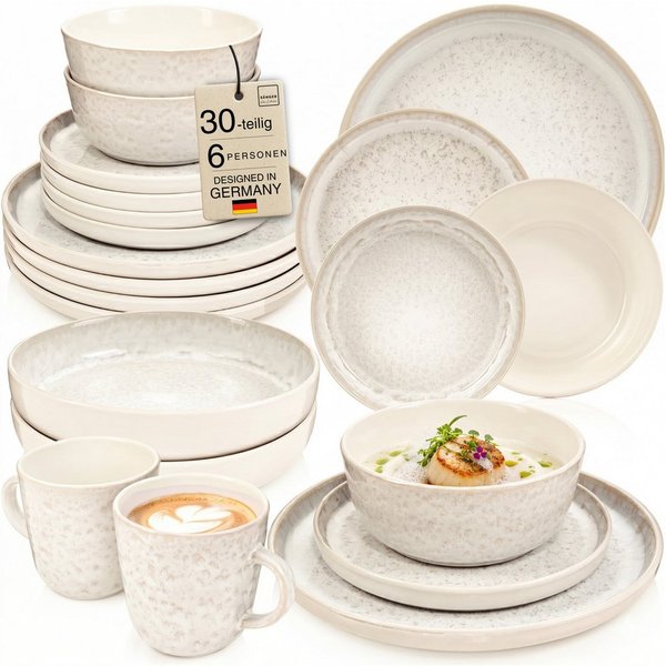 SÄNGER Tafelservice Key West, Creme mit sandiger Maserung (30-tlg), 6 Personen, Steingut, Kombiservice, VALUE COLLECTION